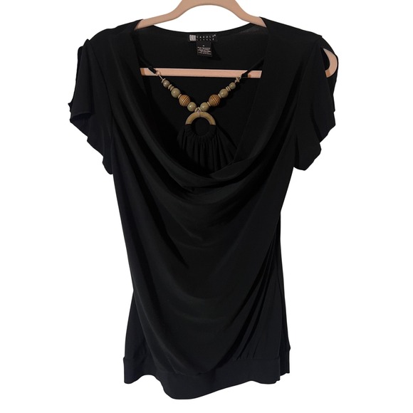 Carole Little Tops - Carole Little Blouse XL Boho Y2K Wood Beaded Cowl Neck Black Short Sleeve Top
